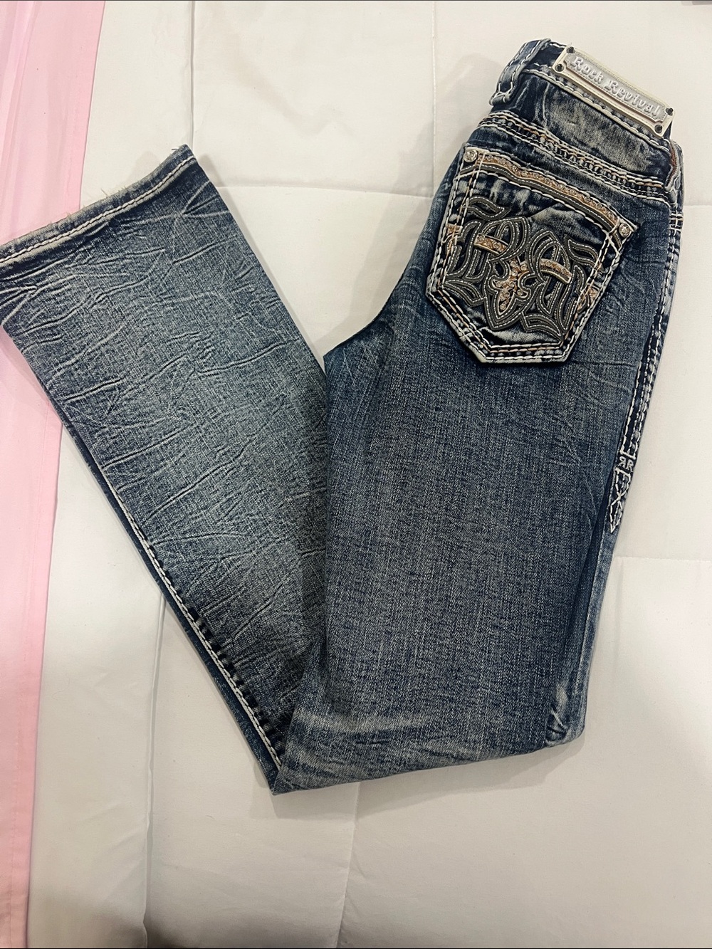 Rock Revival Womens Distressed Dark Blue Boot Cut Jeans with Embroidered Pockets